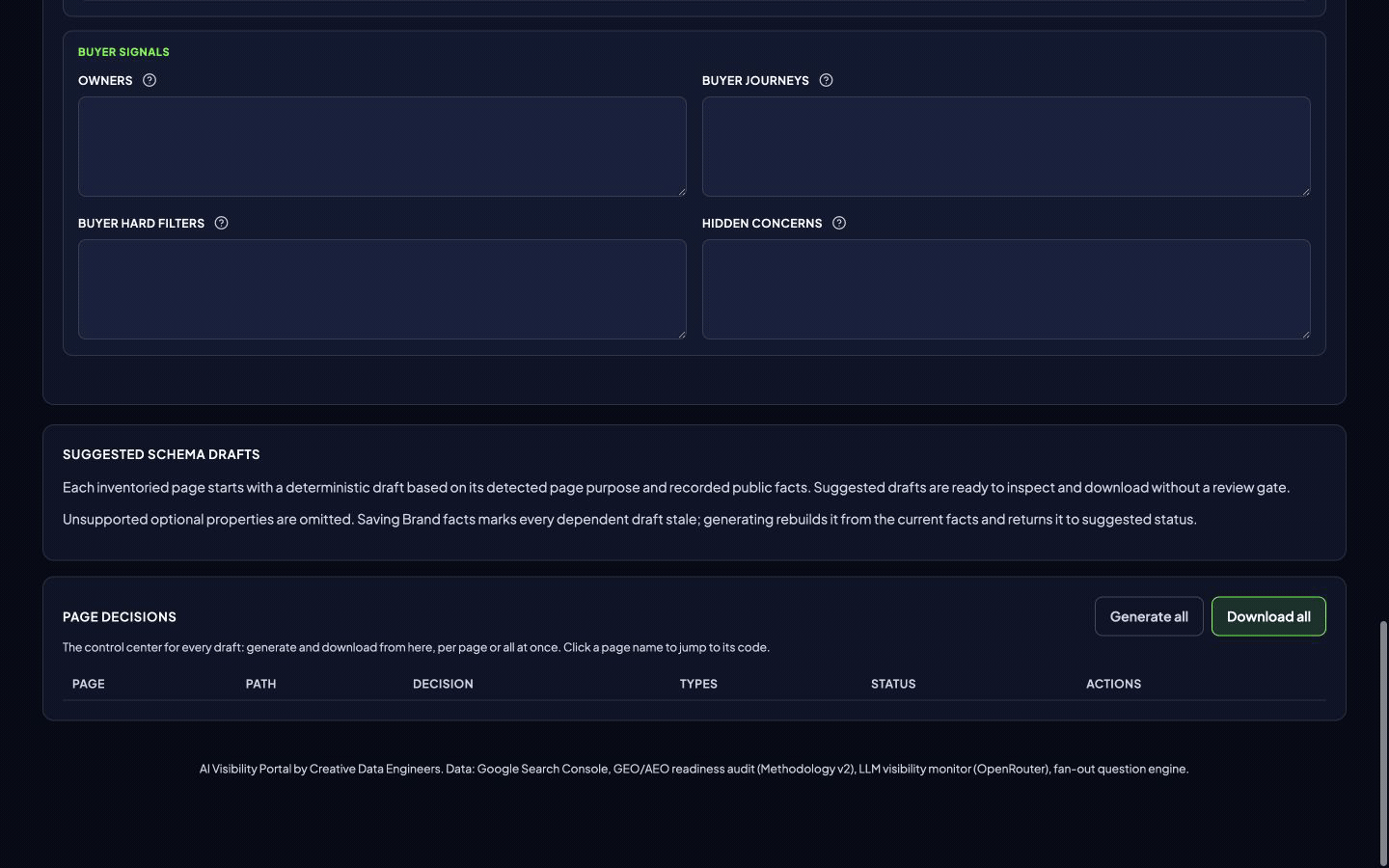 Suggested schema drafts area with page decisions and download controls