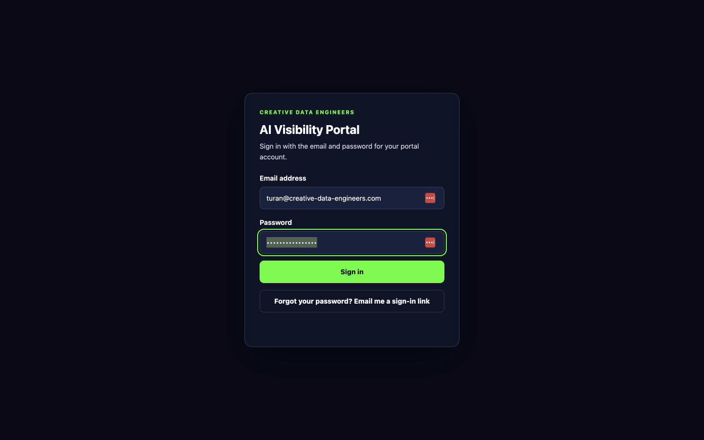 AI Visibility Portal sign-in page with email and password fields